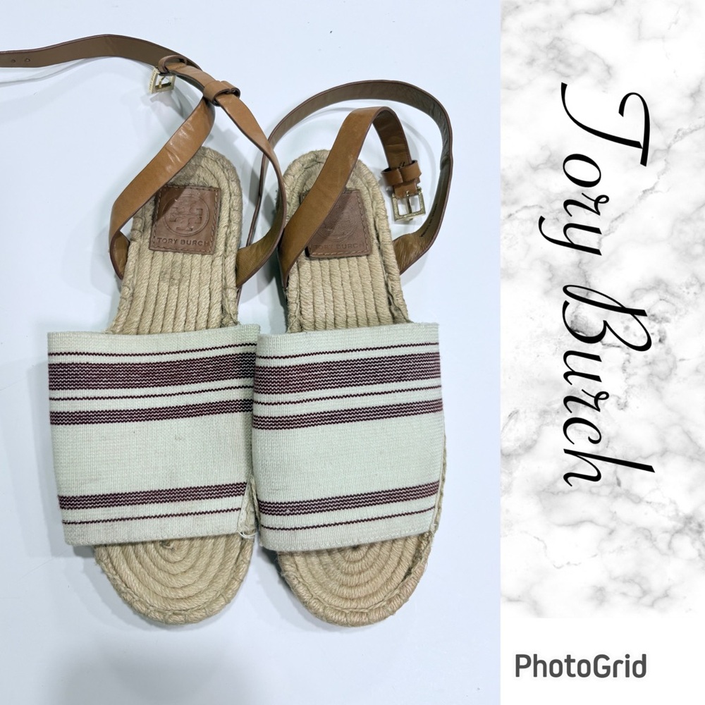 Tory Burch stretch canvas maroon and Cream Striped espadrille